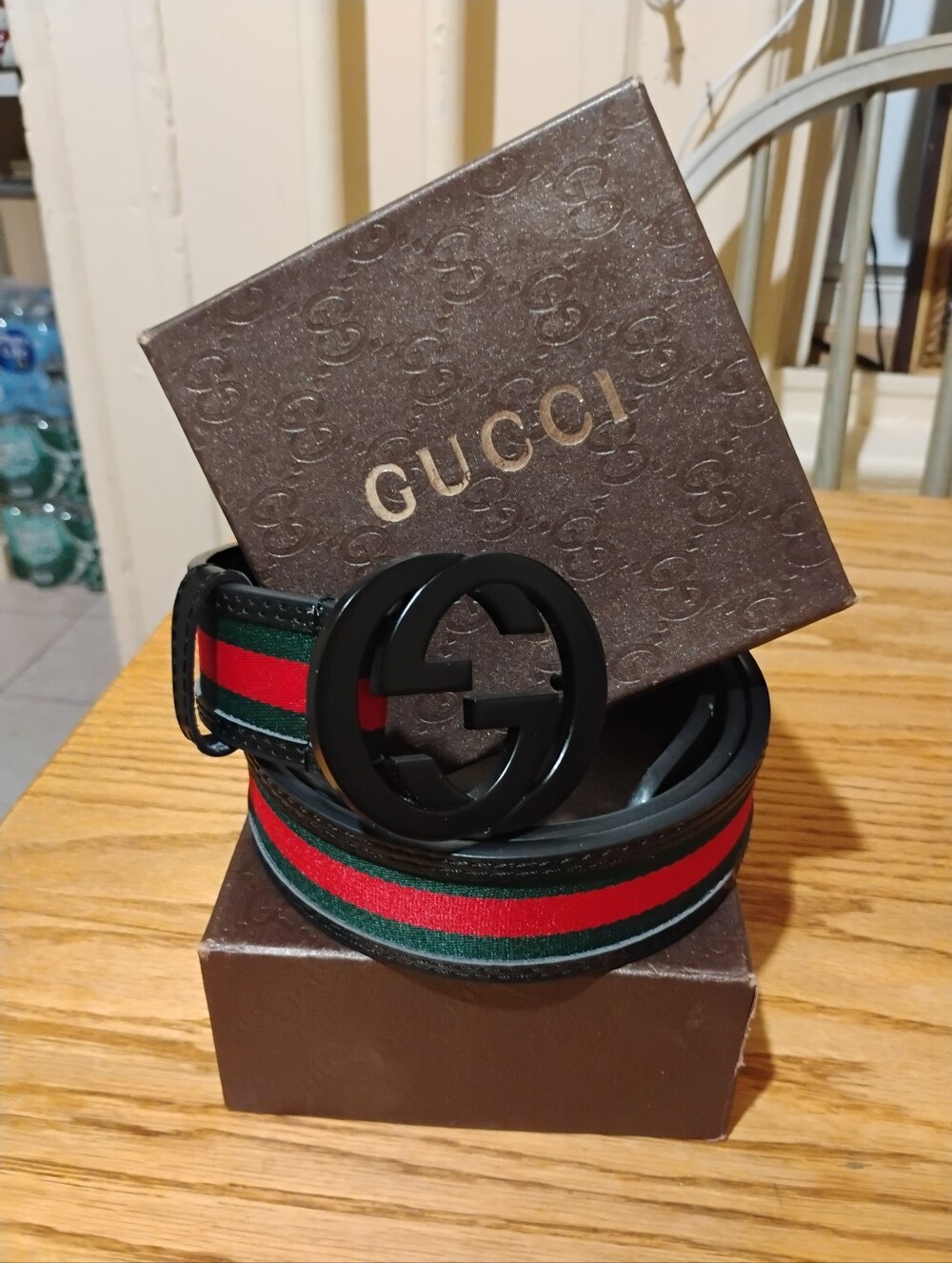 Gucci Men's Black Belt with Green and Red Web Stripe 46/115
